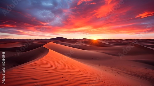 Panoramic view of the sand dunes at sunset in the Sahara desert
