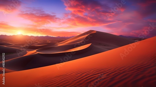 Panoramic view of sand dunes in the desert at sunrise