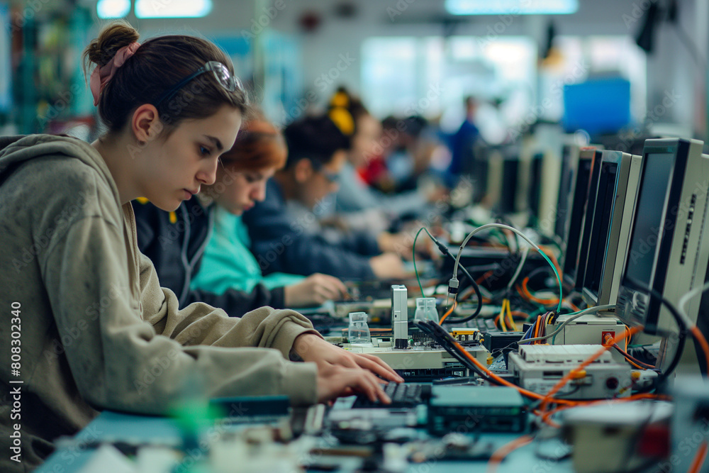 high school students in an electronics workshop gaining hands-on experience