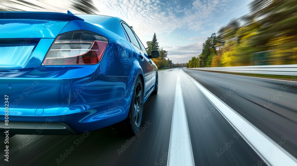 Blue sports car driving on highway with autumn trees in background. High-speed vehicle motion blur shot