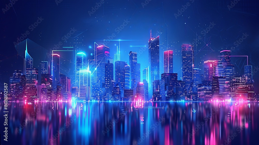 A cityscape against a dark blue background with bright glowing neon lights, representing a technology-driven urban environment in vector format.