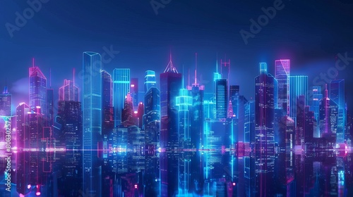 A cityscape against a dark blue background with bright glowing neon lights  representing a technology-driven urban environment in vector format.