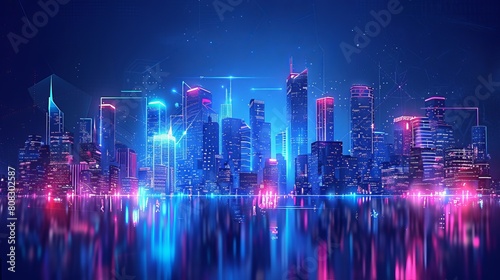 A cityscape against a dark blue background with bright glowing neon lights  representing a technology-driven urban environment in vector format.