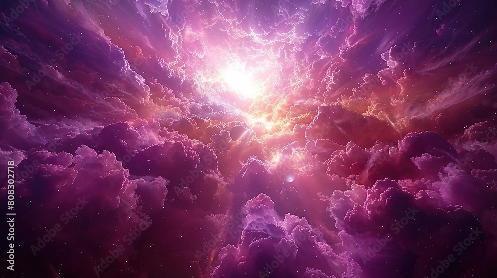 A vivid sky filled with numerous clouds and a central star shining brightly among them A vivid sky filled with numerous clouds and a central star shining brightly among them