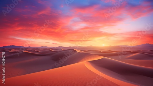 Beautiful panorama of sand dunes in the desert at sunset © A