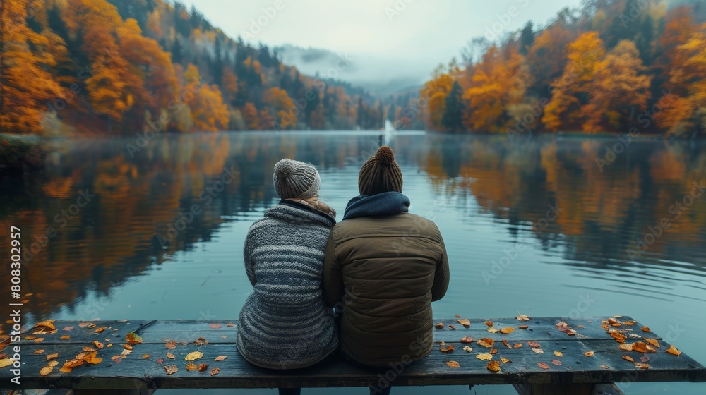 Obraz premium Two People Sitting on Dock by Lake