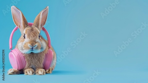 a bunny rabbit wearing headphones isolated on blue background realistic