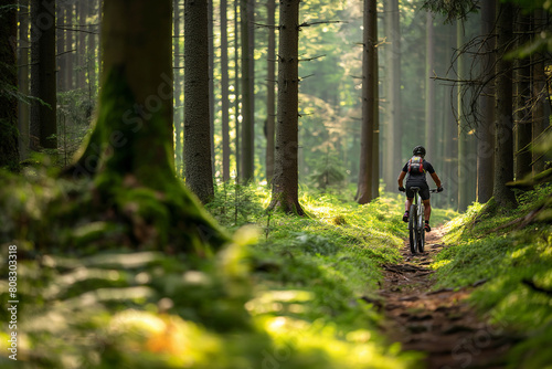 Mountain biker on a challenging trail in a scenic forest