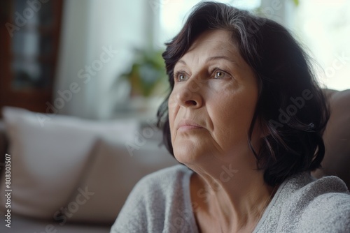 Thoughtful elderly woman gazes outside her window in a serene indoor setting, pondering life with a mix of nostalgia and hope in her expressive eyes