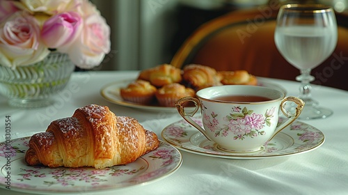  A cup of tea and plate of croissants on a table with a vase of roses in the background is optimized to 35 tokens