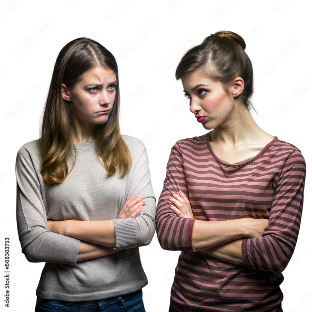Two Women Standing Face to Face Expressing Disapproval With Arms Crossed Two Women Standing Face to Face Expressing Disapproval With Arms Crossed