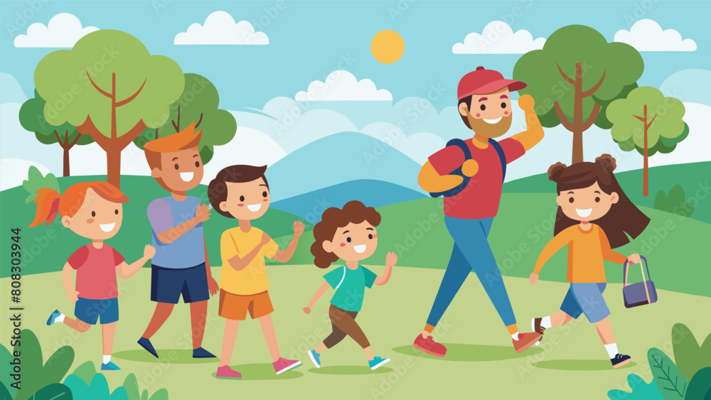 As part of a school field trip kids and their families embark on a fitness scavenger hunt learning about the benefits of staying active and exploring. Vector illustration As part of a school field trip kids and their families embark on a fitness scavenger hunt learning about the benefits of staying active and exploring. Vector illustration