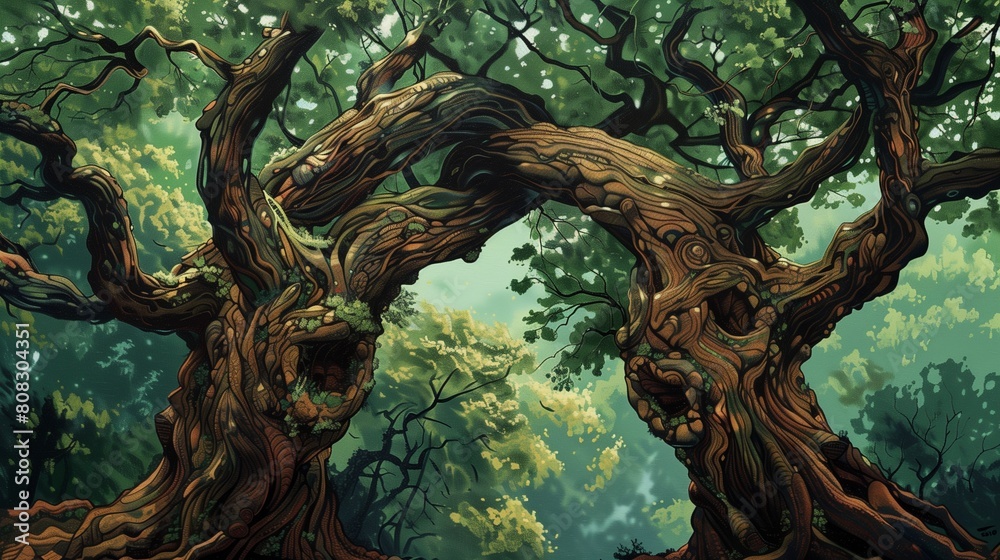 a captivating acrylic painting of two majestic trees, their trunks elegantly twisted towards each other, a captivating acrylic painting of two majestic trees, their trunks elegantly twisted towards each other,