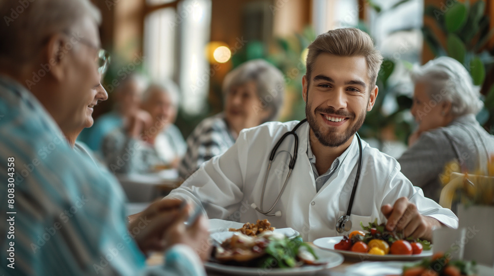 Young healthcare worker and senior people during lunch at nursing home. Young healthcare worker and senior people during lunch at nursing home.