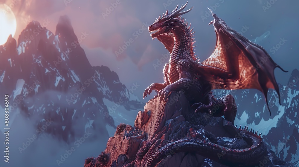 Obraz premium fiery red dragon perched in rugged mountain terrain