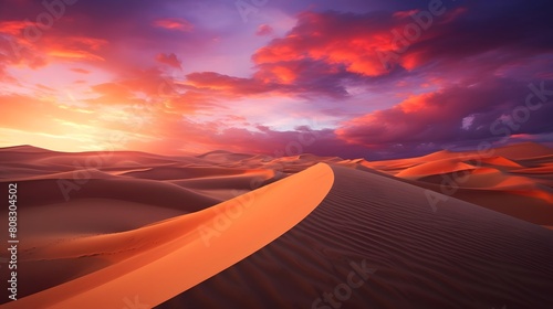Beautiful sunset over sand dunes in the desert. 3d rendering © A
