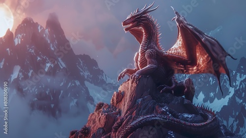 fiery red dragon perched in rugged mountain terrain