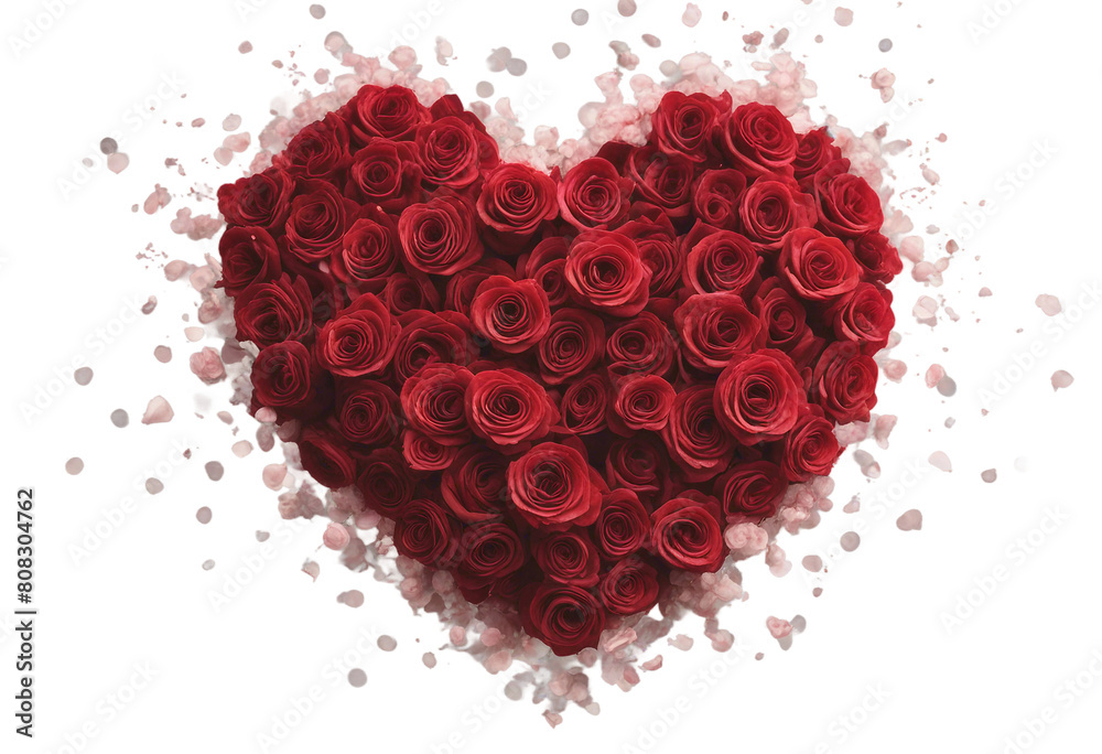 Bouquet of red roses flowers in a love shape isolated on transparent background