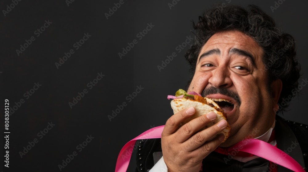 A fat, funny Mexican man eating Mexican tacos. A fat, funny Mexican man eating Mexican tacos.