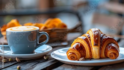 Serving of Pistachio Croissant and Coffee on a White Plate on a Wooden Table in a Cafe. Concept Food Photography, Breakfast Scene, Cafe Vibes, Delicious Treats, Morning Indulgence photo