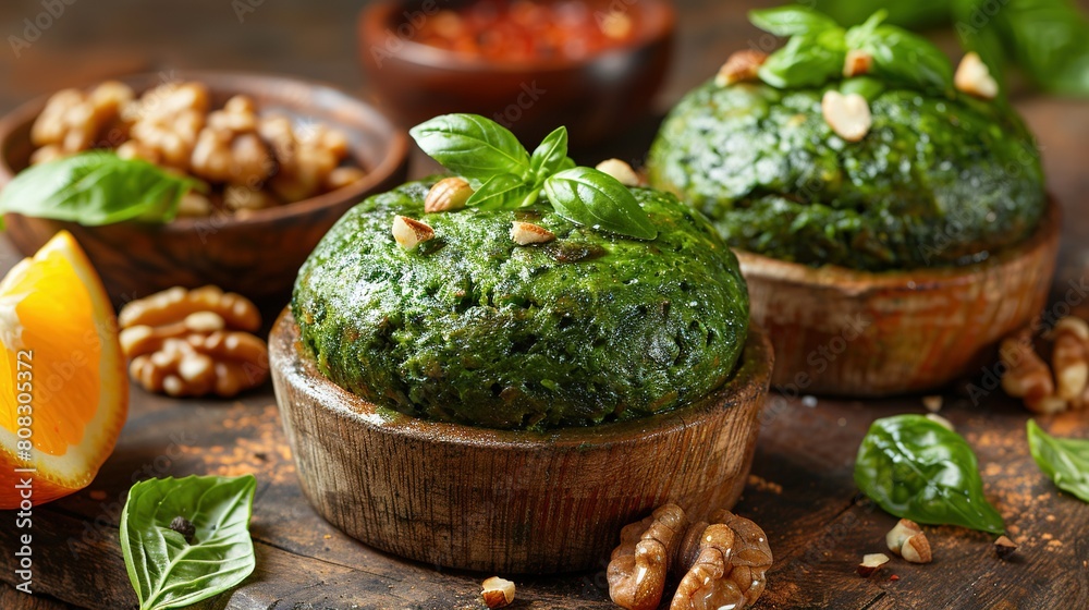 Wooden bowl of green pesto alongside walnuts and an orange on a table Wooden bowl of green pesto alongside walnuts and an orange on a table