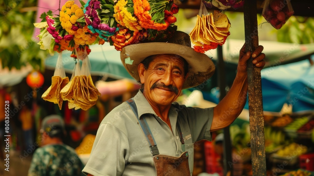 The Mexican is happy to collect tacos from a unique taco tree, blooming and lush, with ripe fruits hanging from it.