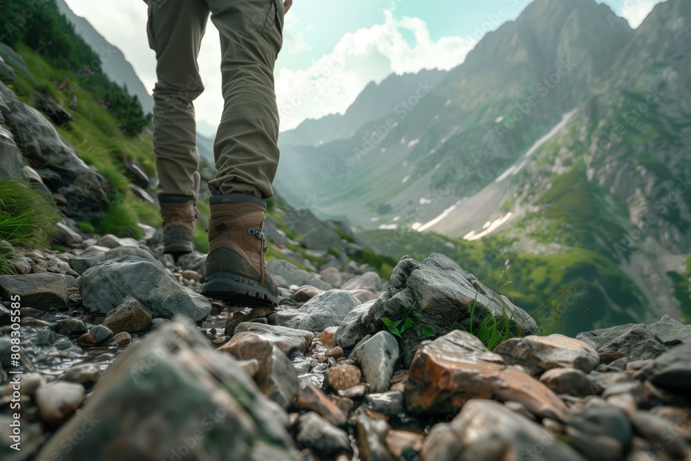 A traveller walks through the mountainous terrain A traveller walks through the mountainous terrain