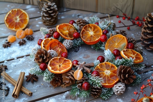 Winter holiday arrangement with dried oranges, cinnamon sticks, pine cones, and red berries on a snowy wooden surface. Christmas festive decoration flat lay. Generative AI