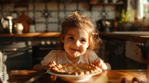 A young girl is seated at a table with a delicious pie in front of her. The aroma of freshly baked goods fills the room  enticing her to take a bite and share the tasty treat with others AIG50