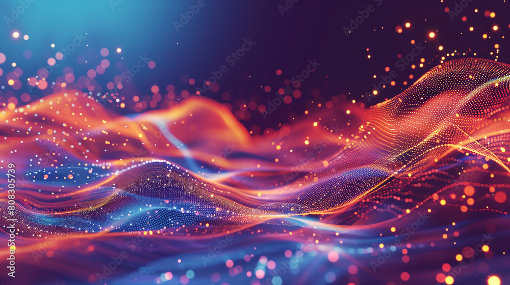 3D rendering of abstract digital particles. Futuristic wave with depth of field and bokeh. AI. 3D rendering of abstract digital particles. Futuristic wave with depth of field and bokeh. AI.