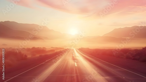 A sunlit desert highway beckons to explore the unknown and discover oneself. Concept Exploration, Self-Discovery, Desert Highway, Sunlight, Adventure
