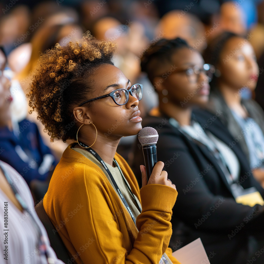 Black business seminar attendee asks question in microphone while sitting in audience at convention center.
