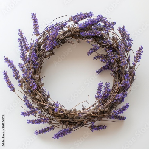 Natural lavender wreath on a plain white background. Springtime floral decor concept for design and greeting cards. Generative AI
