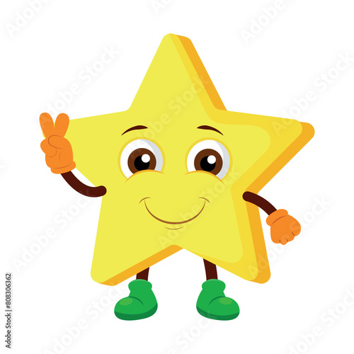 Vector illustration of a yellow funny star with gesture, index and middle finger raised up. Cartoon scene of happy star character with victory or peace hand gesture isolated on white background. © MVshop