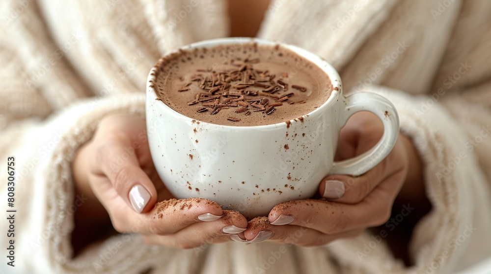 A close-up of a person holding a steaming cup of hot chocolate adorned with whimsical sprinkles A close-up of a person holding a steaming cup of hot chocolate adorned with whimsical sprinkles