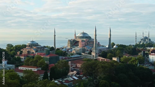 Aerial drone video of the Aya Sofia Mosque in Istanbul, Turkey during a sunrise photo