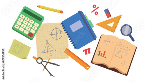 Vector illustration of educational supplies, taking notes on geometry. Cartoon scene of notebooks, open notebook with geometric notes, various stationery: rulers, compass, calculator, eraser, pencil. © MVshop
