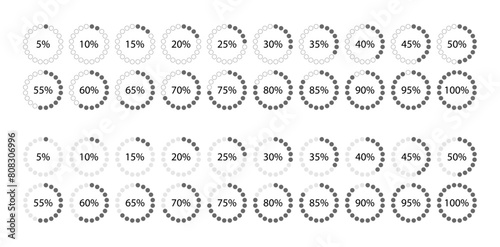 100 percent circular section graph. Circle filling template. Round pie chart. Diagram structure divided into pieces. Schemes with sectors. Piechart with segments and slices. Vector illustration