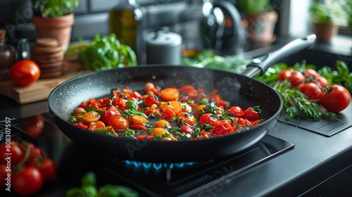 Cooking with an induction stove and a frying pan photo