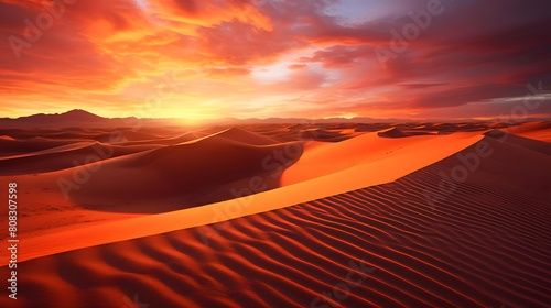 Sunset in the desert with sand dunes. 3d rendering © A