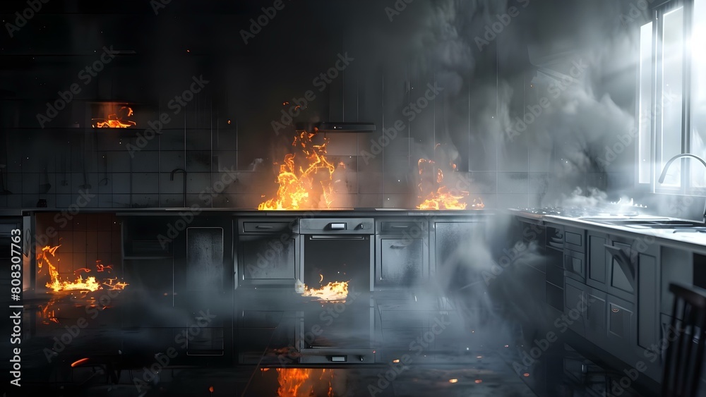 Creating a k Animated Video of a Kitchen Fire Accident on a Virtual Background. Concept Kitchen Safety, Animated Video, Virtual Background, Fire Prevention, Accident Scenario