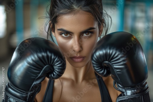 Close-up of determined woman boxer in gloves looking straight at camera.