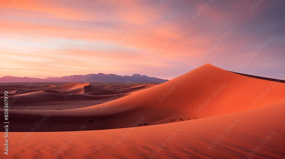 Desert panorama with sand dunes at sunset. 3d rendering
