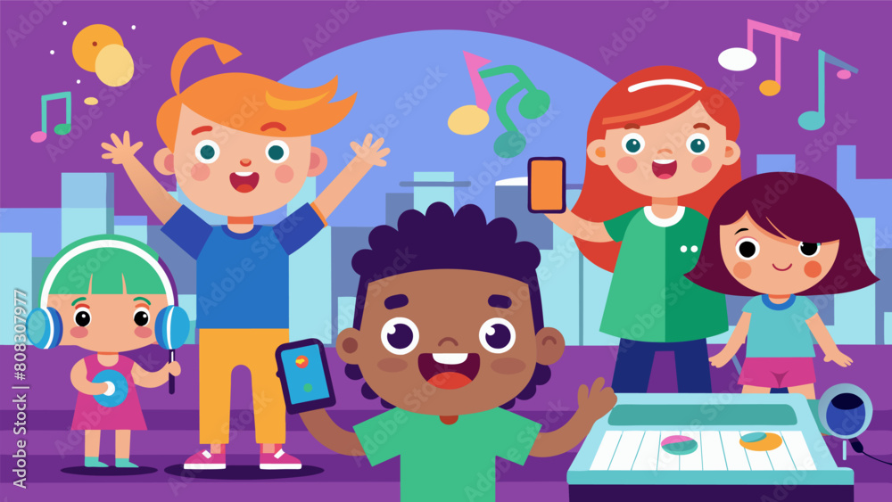 With colorful backgrounds and lively characters the childrens animations come to life as they learn how to add music and sound effects in the. Vector illustration