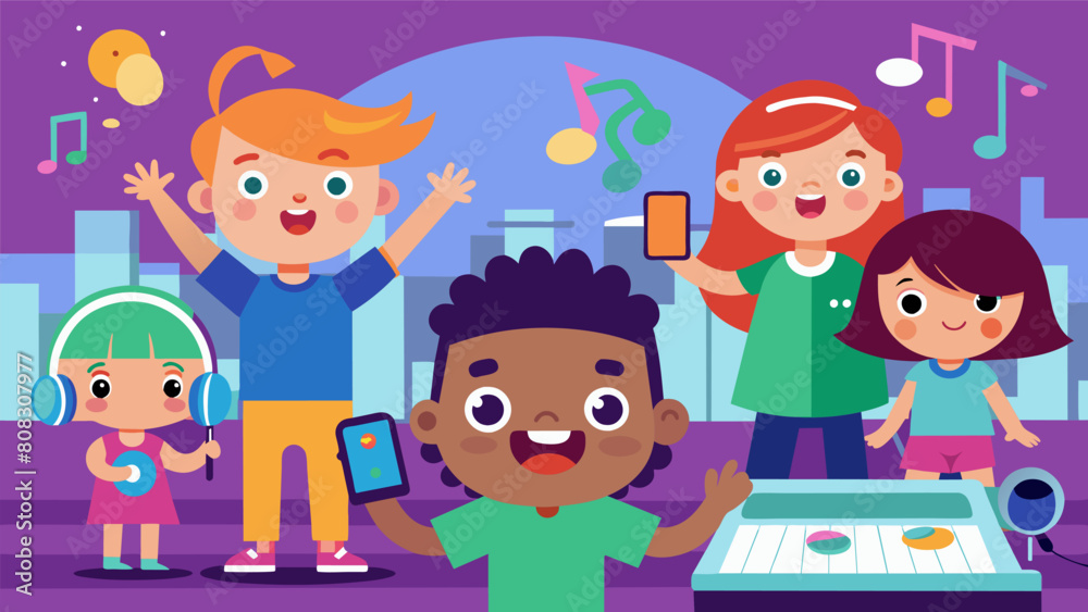 With colorful backgrounds and lively characters the childrens animations come to life as they learn how to add music and sound effects in the. Vector illustration With colorful backgrounds and lively characters the childrens animations come to life as they learn how to add music and sound effects in the. Vector illustration