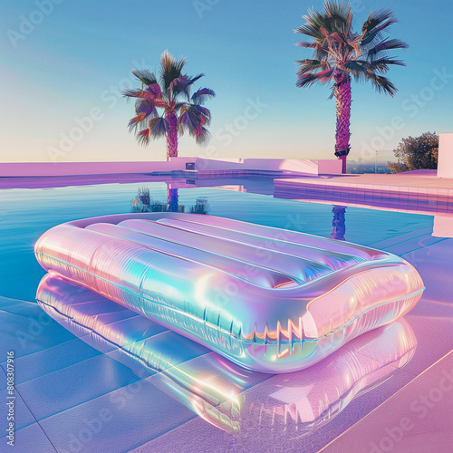 Synthwave Concept of summer with inflatable mattress and swimming pool at a tropical resort. Purple pink blue colors.