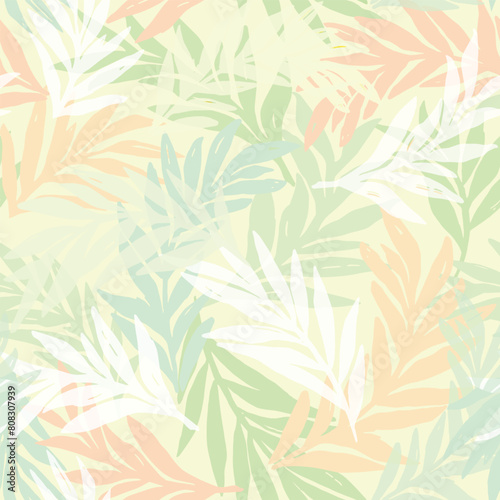 Seamless floral background with handmade leaves. Vector yellow pattern with yellow, peach and green pistachio leaves.