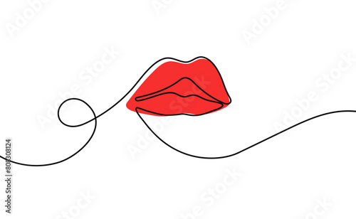 One line drawing of lips. Concept lineart simple symbol for lipstick. Horizontal banner for poster, makeup. Isolated editable stroke. Hand Drawn Vector Illustration. Smiling mouth contour in Doodle st (ID: 808308124)