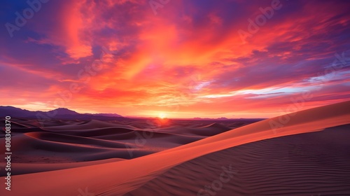 Beautiful panorama of sand dunes in the desert at sunset © A