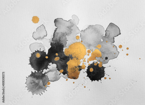 Black and Gold bronze glitter brushstroke watercolor painting blot drop smear. Abstract glow shine stain on gray background. © Liliia